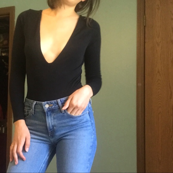 Free People Tops - Free People Long-sleeve Deep-V Black Bodysuit